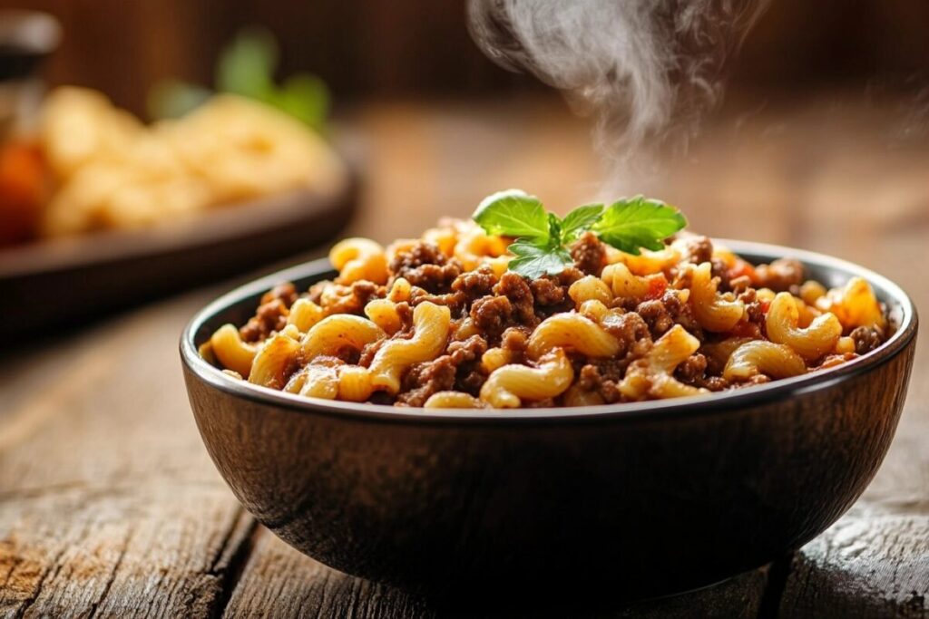 A warm bowl of beefaroni dish showing how to make beefaroni taste better