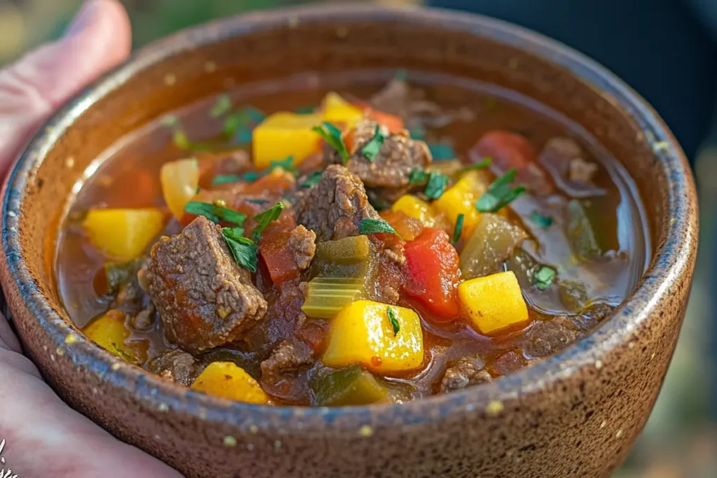 A hearty bowl of vegetable beef soup with rich broth. Why does my vegetable beef soup taste bland?