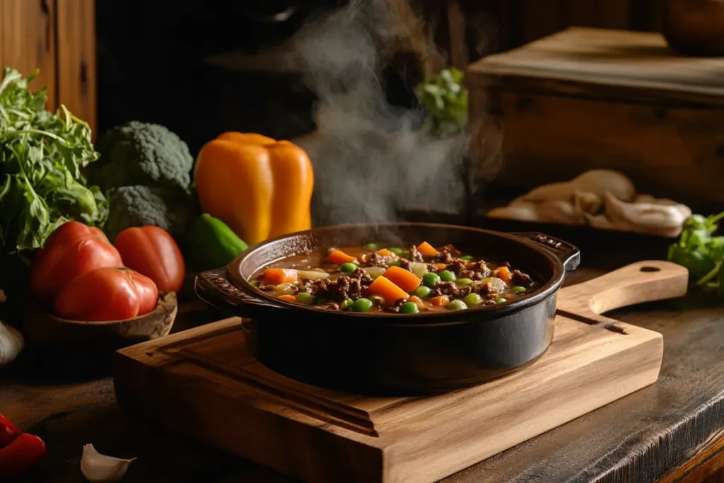 old fashioned vegetable beef soup recipe in a rustic bowl