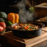 old fashioned vegetable beef soup recipe in a rustic bowl