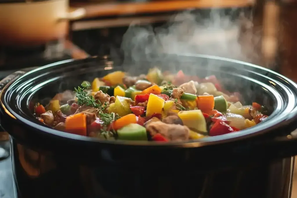 A steaming bowl of shredded chicken chili, one of several high protein crock pot recipes.