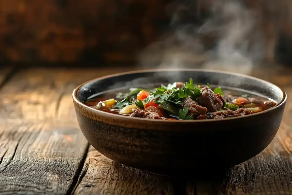 Steaming bowl of homemade beef broth with herbs and vegetables.