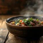 Steaming bowl of homemade beef broth with herbs and vegetables.