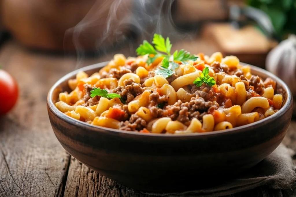 Hearty bowl of homemade beefaroni recipe with elbow pasta and ground beef