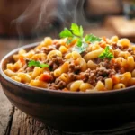 Hearty bowl of homemade beefaroni recipe with elbow pasta and ground beef