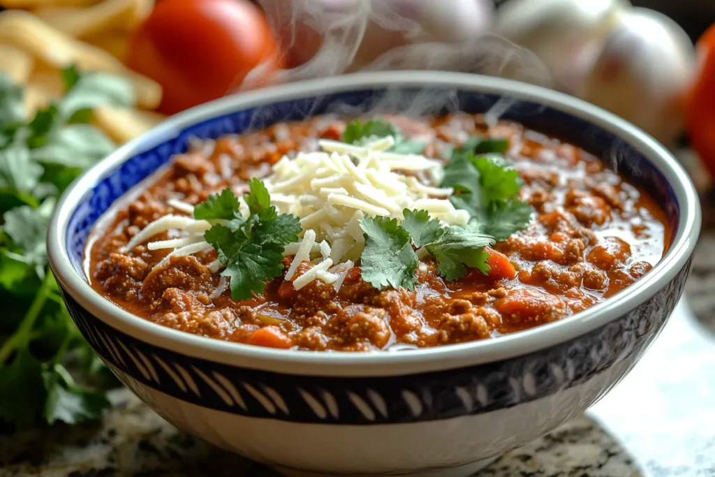 Chili con carne in a bowl with cheese and cilantro.