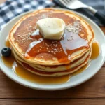 Fluffy homemade Cracker Barrel pancake recipe topped with butter and syrup.