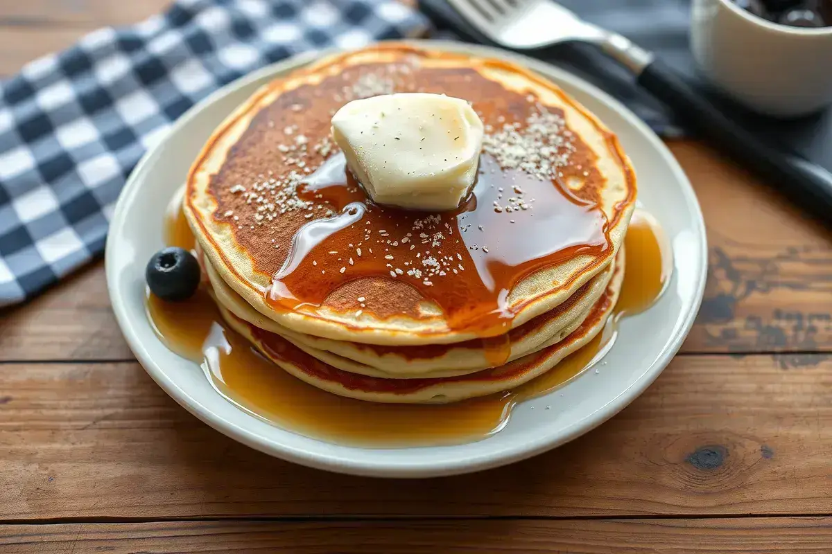 Fluffy homemade Cracker Barrel pancake recipe topped with butter and syrup.