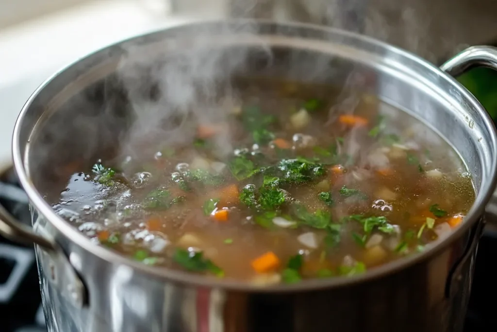 Pot of beef broth simmering with vegetables and herbs.