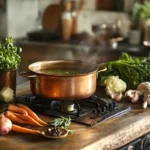 A copper pot of simmering broth sits on a stovetop surrounded by fresh vegetables and herbs.