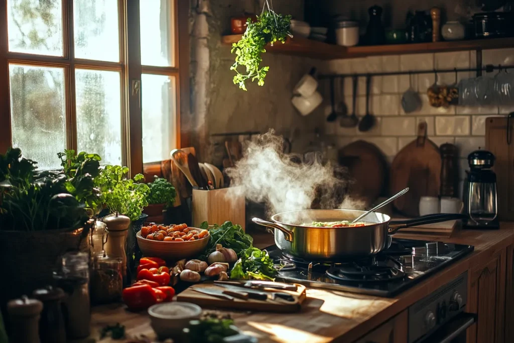 Steaming pot of broth with vegetables and herbs in a cozy kitchen.