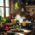 Steaming pot of broth with vegetables and herbs in a cozy kitchen.