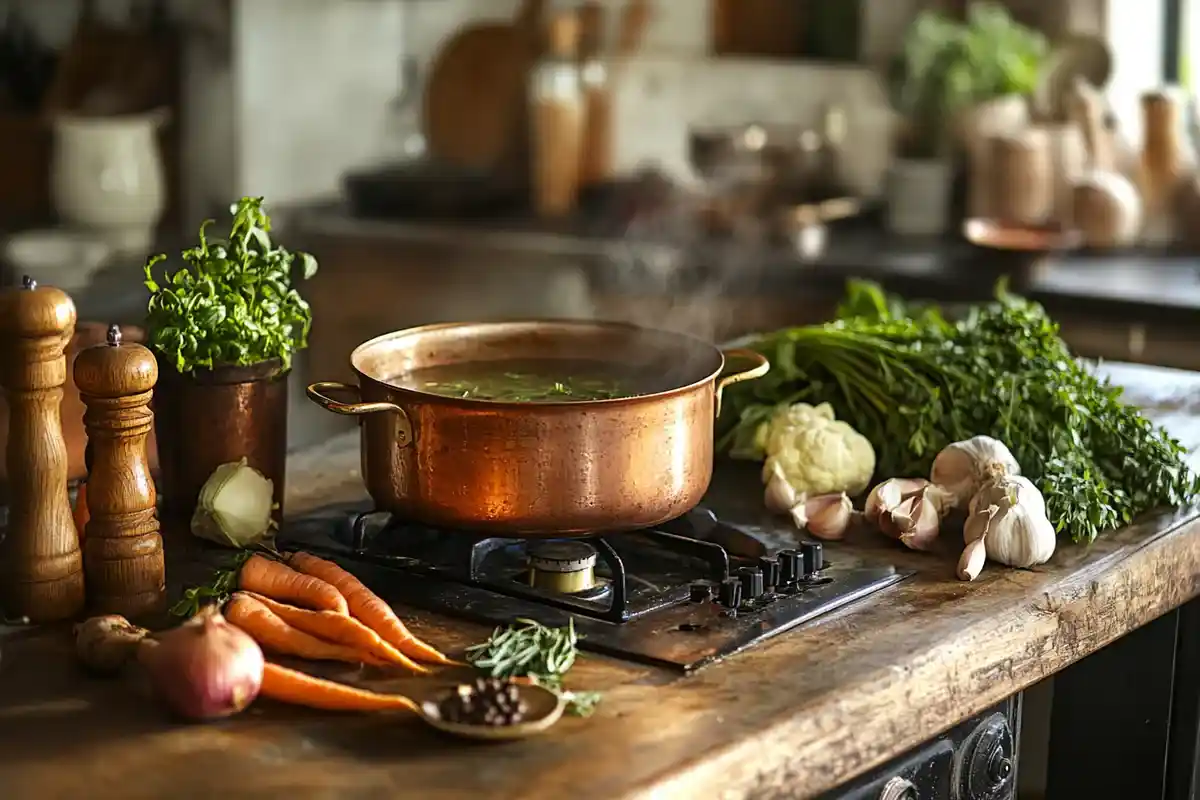 A copper pot of simmering broth sits on a stovetop surrounded by fresh vegetables and herbs.