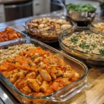 Three leftover rotisserie chicken recipes on a rustic dinner table.