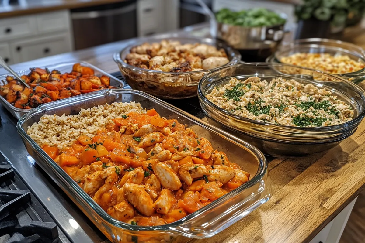 Three leftover rotisserie chicken recipes on a rustic dinner table.