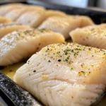 Seasoned white fish fillets are arranged in a baking pan.