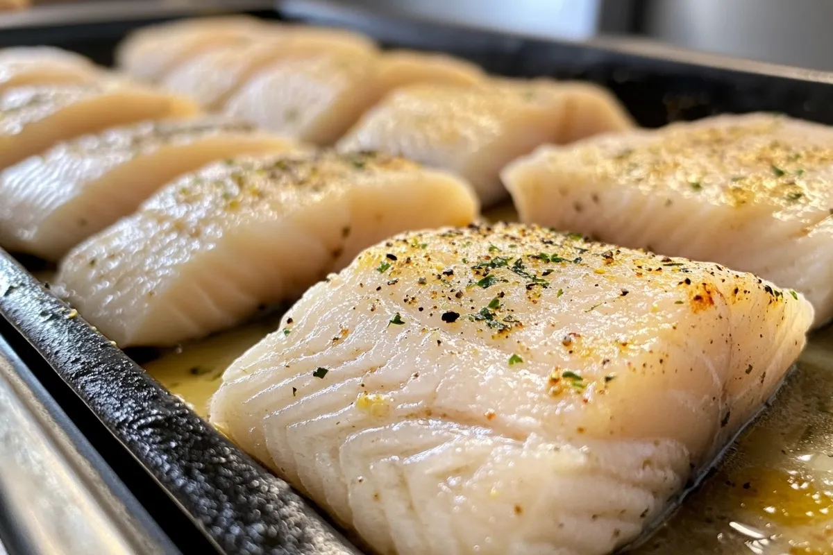 Seasoned white fish fillets are arranged in a baking pan.