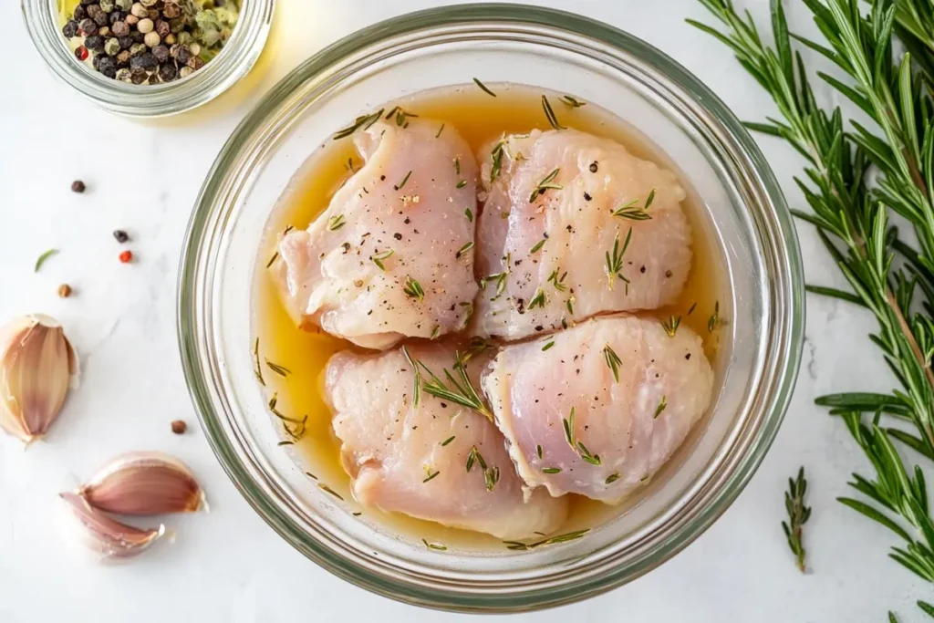 Chicken thighs marinated in broth with herbs and garlic.