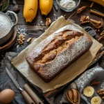 Substitute for butter in banana bread loaf sliced on a wooden board