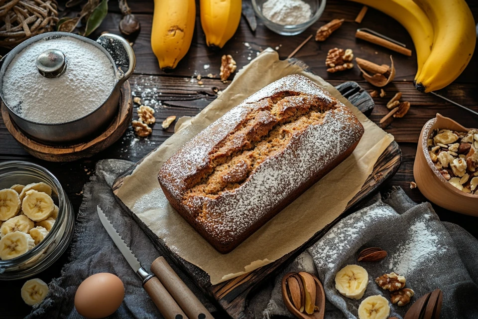 Substitute for butter in banana bread loaf sliced on a wooden board