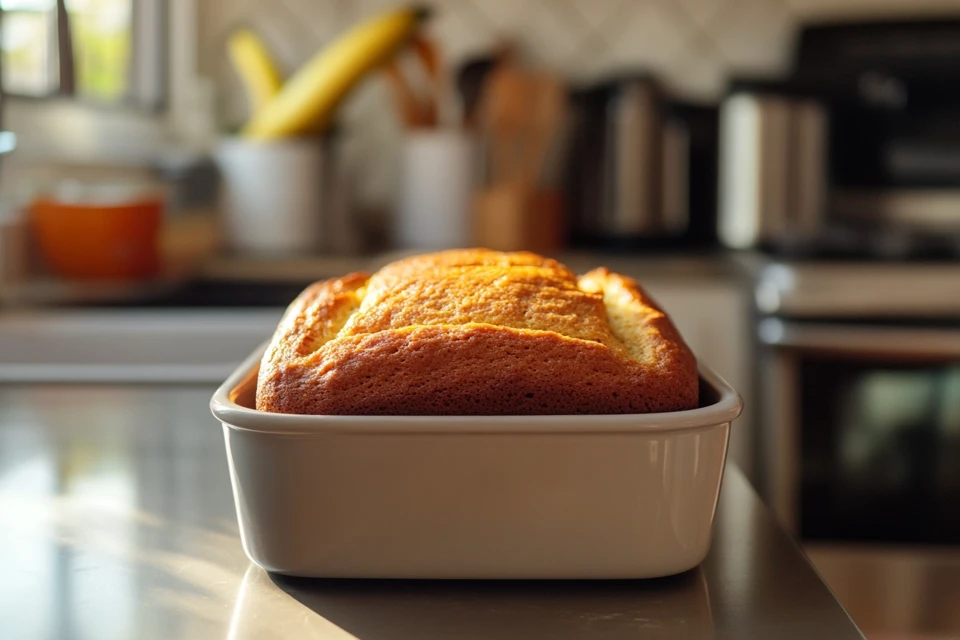 Freshly sliced banana bread without baking soda on a wooden cutting board.