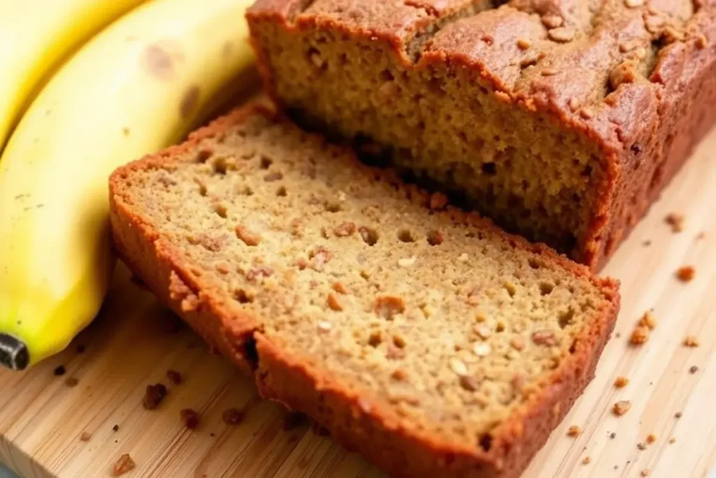 Moist banana bread loaf sliced on a wooden board, banana bread recipe no butter