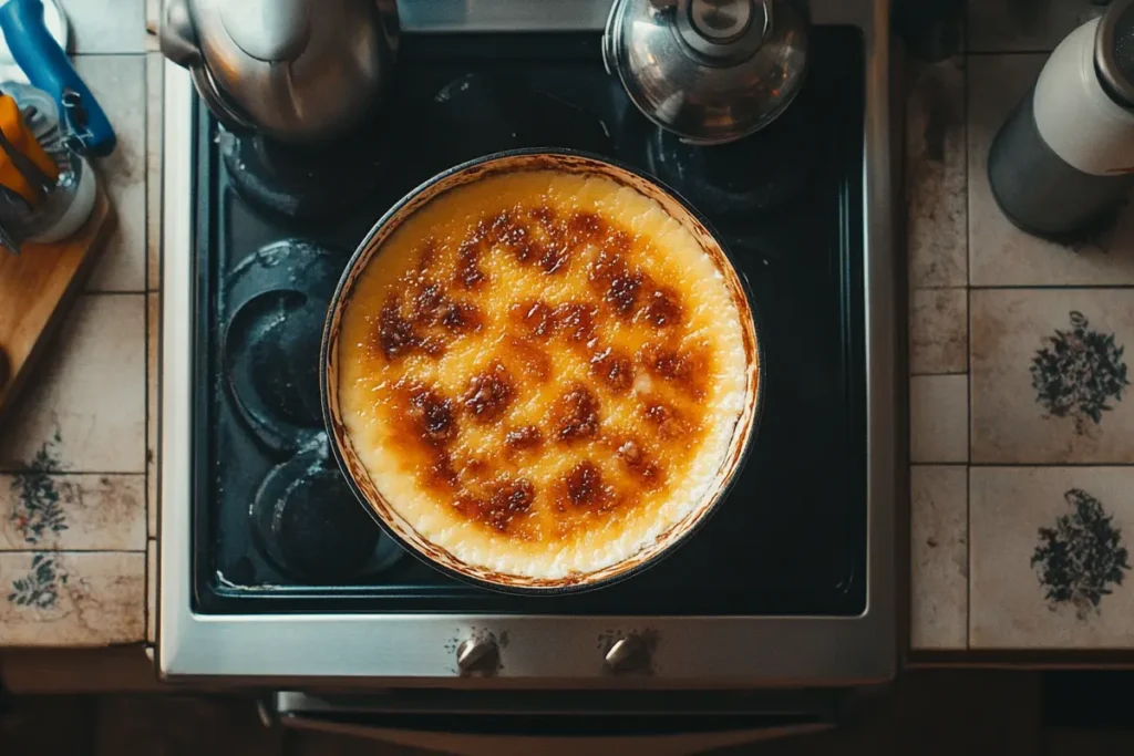 Overhead shot of crème brûlée with caramelized sugar topping, illustrating how to caramelize brulee?