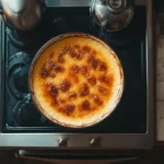 Overhead shot of crème brûlée with caramelized sugar topping, illustrating how to caramelize brulee?