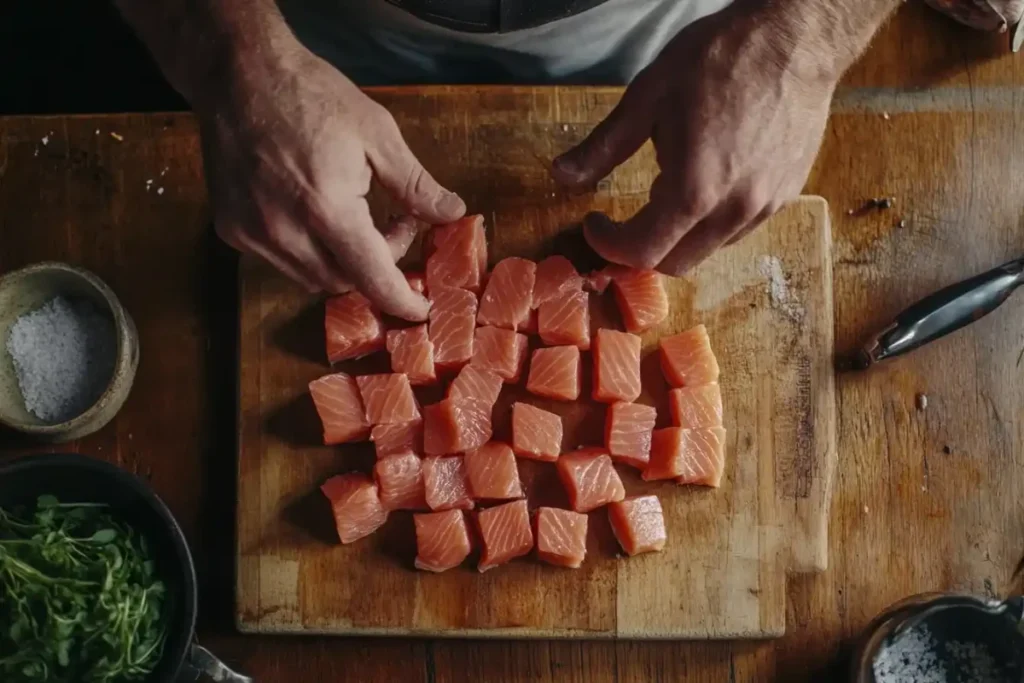 A chef arranges neatly cut cubes of salmon on a wooden cutting board.