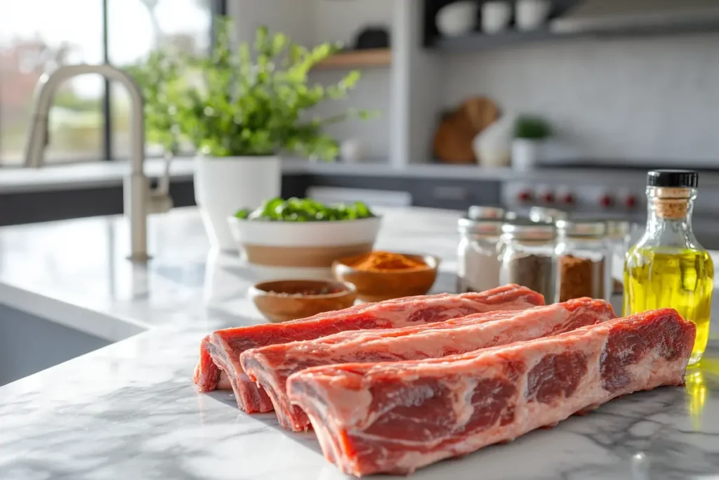 Raw beef country style ribs and short ribs on a butcher's table.