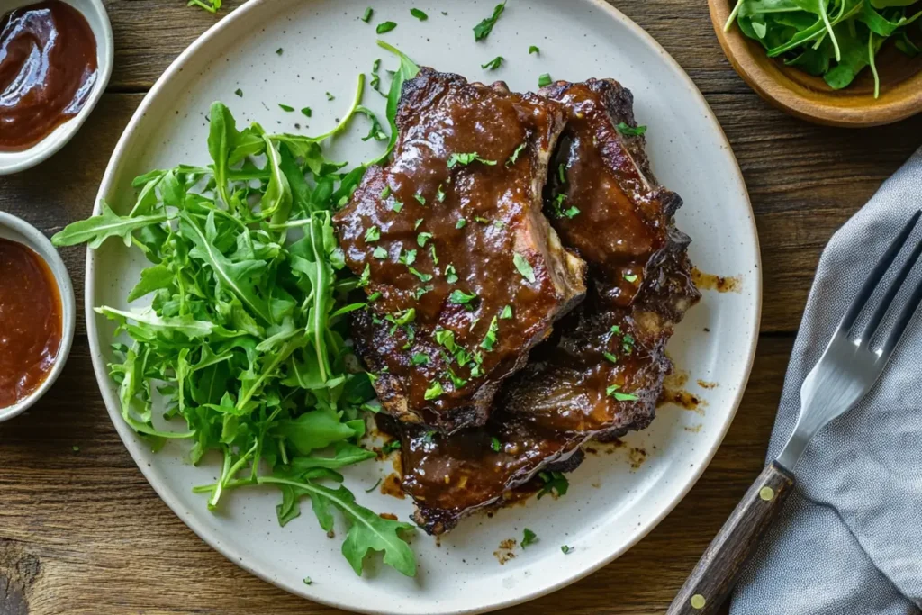 Plated BBQ country-style beef ribs served with dipping sauces and a green salad.