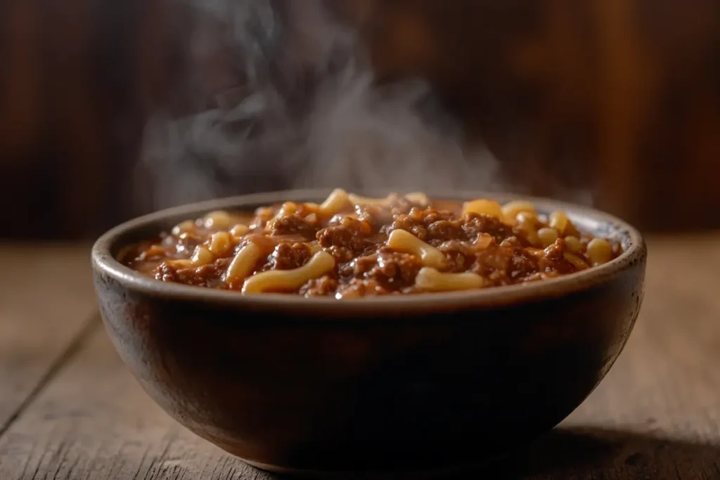 Hearty bowl of homemade beefaroni recipe with elbow pasta and ground beef