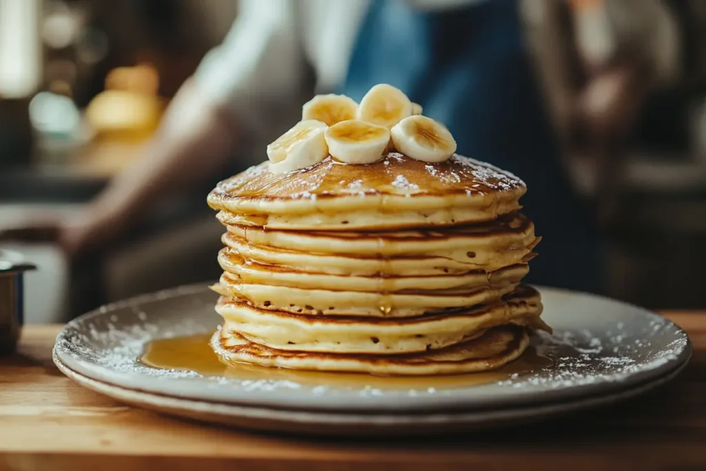 Overhead shot of a waffle made from Cracker Barrel pancake mix, topped with butter and syrup