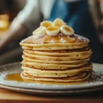 Overhead shot of a waffle made from Cracker Barrel pancake mix, topped with butter and syrup