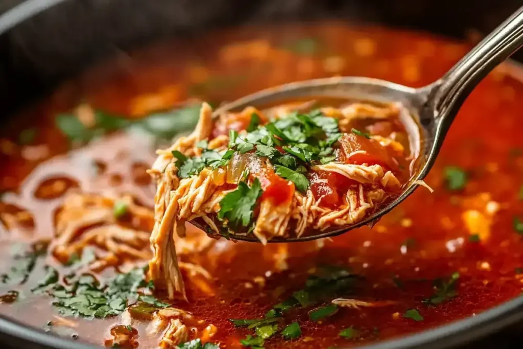 A steaming bowl of shredded chicken chili, one of several high protein crock pot recipes.