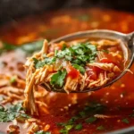 A steaming bowl of shredded chicken chili, one of several high protein crock pot recipes.