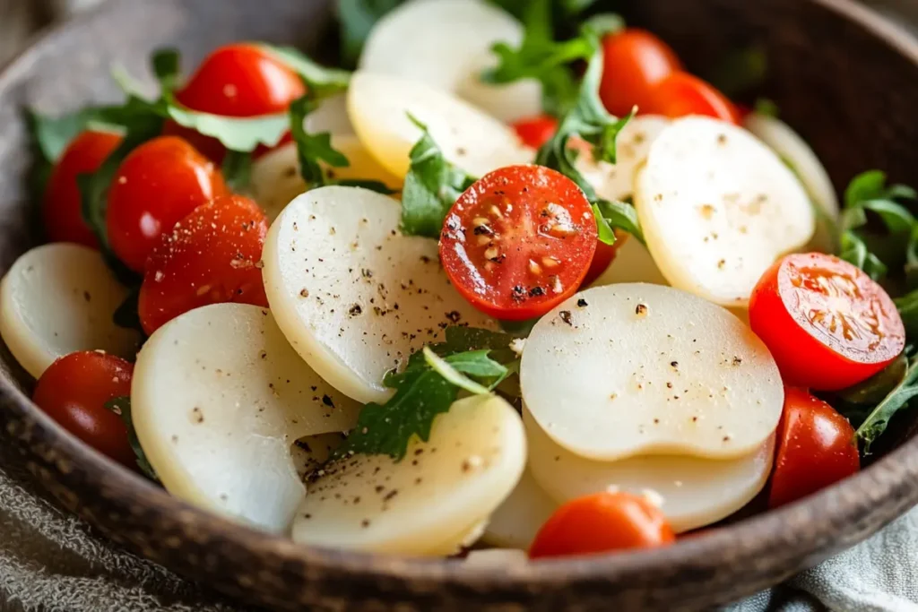 A close-up of a salad with sliced potatoes, cherry tomatoes, and arugula.