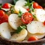 A close-up of a salad with sliced potatoes, cherry tomatoes, and arugula.