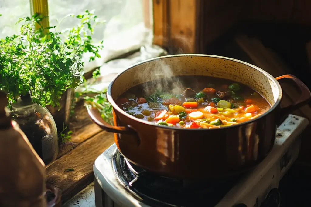 old fashioned vegetable beef soup recipe in a rustic bowl