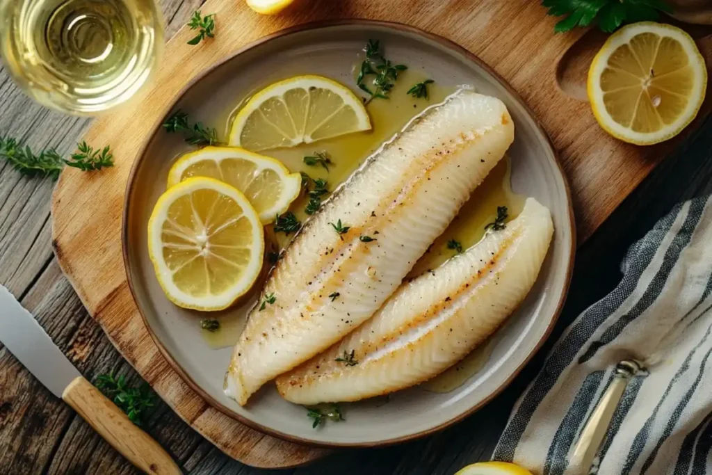 Poached smoked haddock on a rustic kitchen table with lemon and herbs.