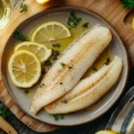 Poached smoked haddock on a rustic kitchen table with lemon and herbs.