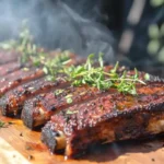 Smoked pork ribs with BBQ glaze and herbs