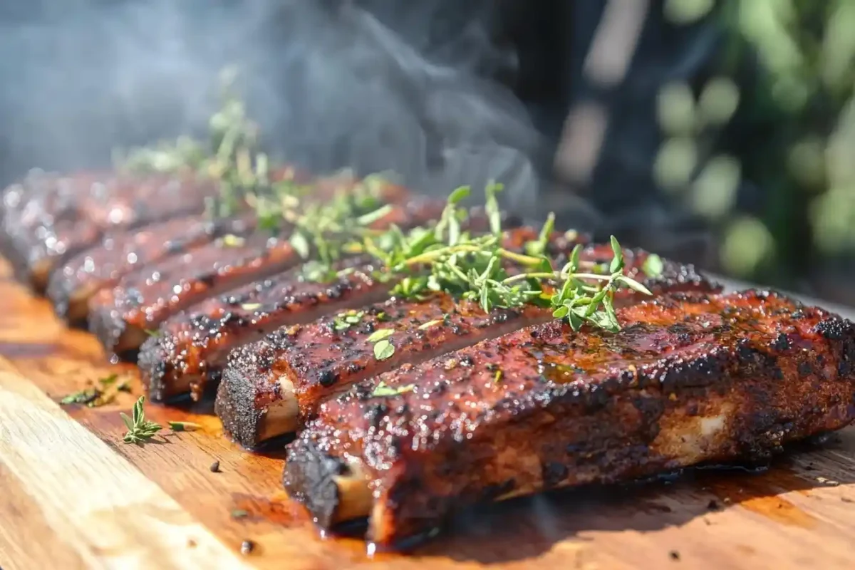 Smoked pork ribs with BBQ glaze and herbs