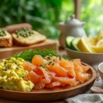 Breakfast spread with smoked salmon on bagels and eggs.