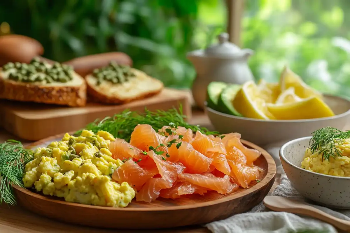 Breakfast spread with smoked salmon on bagels and eggs.