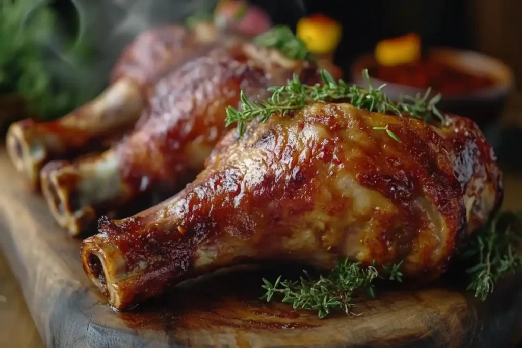 Smoked turkey legs on a wooden board with herbs and barbecue sauce.