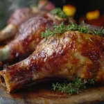 Smoked turkey legs on a wooden board with herbs and barbecue sauce.