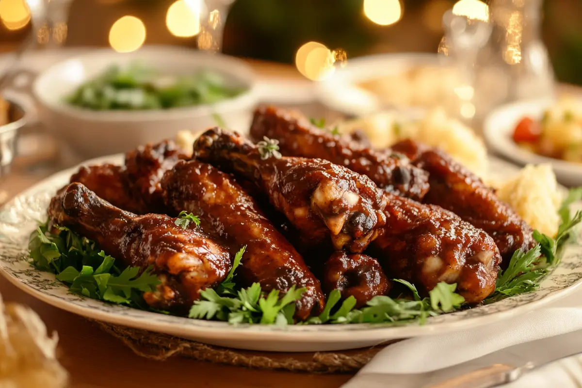 A plate of smothered turkey wings with creamy sides, showing what to eat with smothered turkey wings