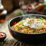 Bowl of flavorful noodles with egg and green onions.