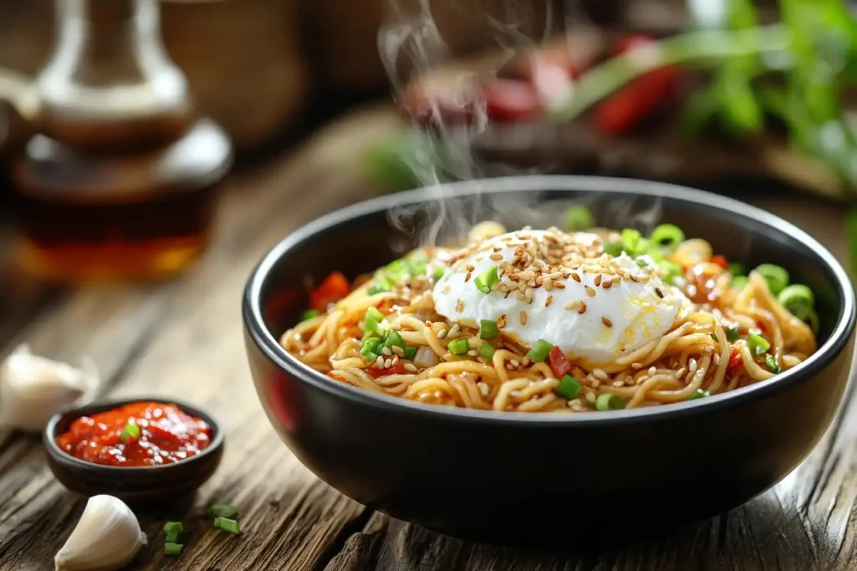 Bowl of flavorful noodles with egg and green onions.